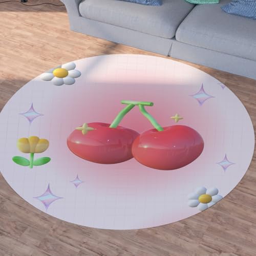 Sshjfeu Niedliche Kirsche Runder Teppiche, Waschbarer Teppich Rund 90cm, Süße Blumen Teppich Klein, Kurzflor, rutschfest, Karikatur Kawaii Teppiche Schlafzimmer Wohnzimmer, Kinderzimmer von Sshjfeu
