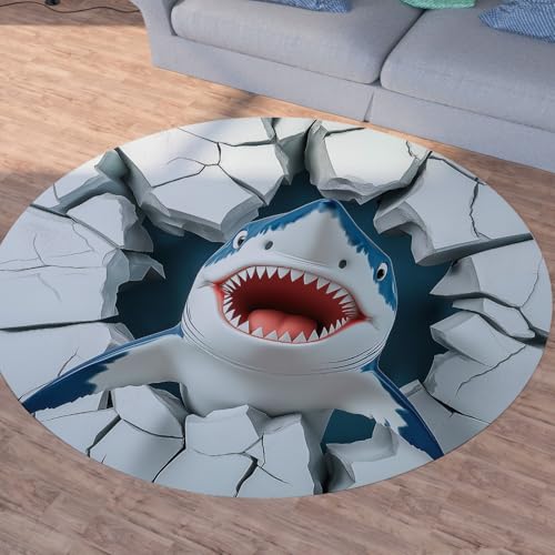Sshjfeu Optische Täuschung Teppich Schlafzimmer, Karikatur Delfin Teppich Rund 180cm, 3D Visuelle Teppiche Waschbar In Waschmaschine, Kurzflor, rutschfest, Runder Teppiche von Sshjfeu