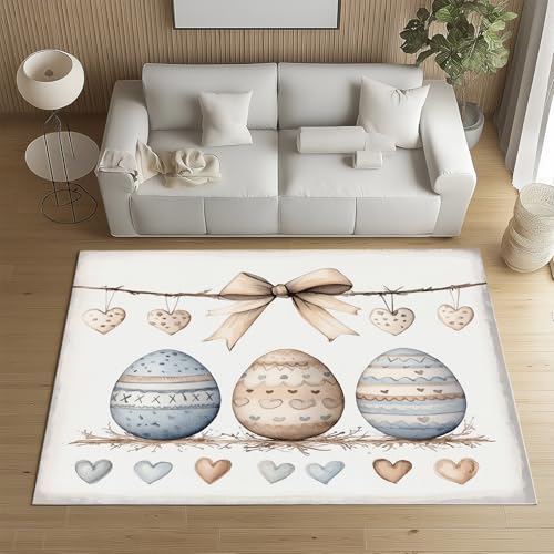 Sshjfeu Ostern Ostereier Teppich 100x150 cm, Liebe Herz Schleife Teppich Waschbar rutschfest Kurzflor, Rustikaler Kinderteppich, Teppiche für Schlafzimmer, Wohnzimmer, Kinderzimmer von Sshjfeu