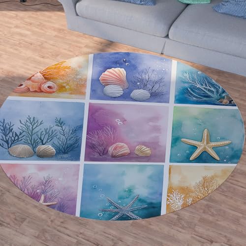 Sshjfeu Meer Collage Runder Teppiche, Waschbarer Teppich Rund 90cm, Muscheln Seestern Korallenriff Teppich Klein, Kurzflor, rutschfest, Marine Themed Teppiche Schlafzimmer Wohnzimmer, Kinderzimmer von Sshjfeu