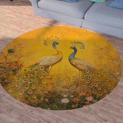 Sshjfeu Pfau Wildtiere Runder Teppiche, Waschbarer Teppich Rund 80cm, Exotische Vögel Teppich Klein, Kurzflor, rutschfest, Orientalisch Wildlife Teppiche Schlafzimmer Wohnzimmer, Kinderzimmer von Sshjfeu