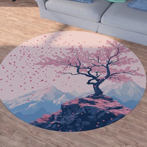 Sshjfeu Romantisch Kirschblüten Teppich Schlafzimmer, Japanischer Stil Teppich Rund 180cm, Blumen Berg Teppiche Waschbar In Waschmaschine, Kurzflor, rutschfest, Runder Teppiche von Sshjfeu