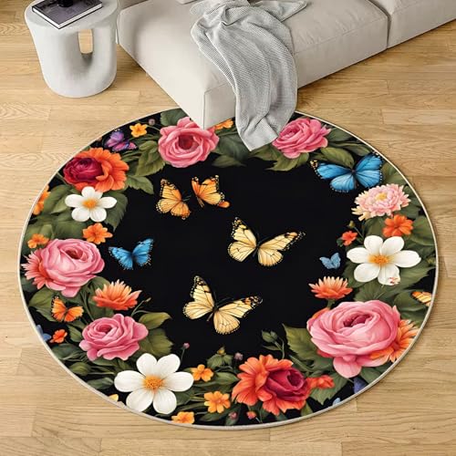 Sshjfeu Rose Schmetterling Teppich Rund 200cm, Grüne Blätter Teppiche rutschfest Runder Kurzflor Waschbar, Garten Frühling Rund Teppiche Weich, Runder Teppich for Wohnzimmer Schlafzimmer von Sshjfeu