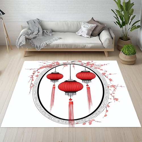 Sshjfeu Rote Laterne Teppich Waschbar Antirutsch Kurzflor, Chinesischer Stil Teppich Wohnzimmer 120x180 cm Weich, Pflaumenblüte Teppiche Schlafzimmer, Kinderzimmer, Kinderteppich von Sshjfeu