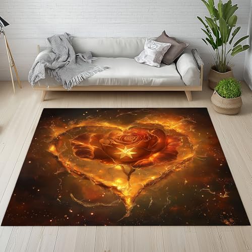 Sshjfeu Rote Rose Fussmatte Innen Outdoor Teppich, Romantisch Blumen Teppiche Kurzflor Waschbar rutschfest 80x150, Feuer Liebe Herz Fussmatte Aussen Schmutzfangmatte, Kleiner Teppich von Sshjfeu