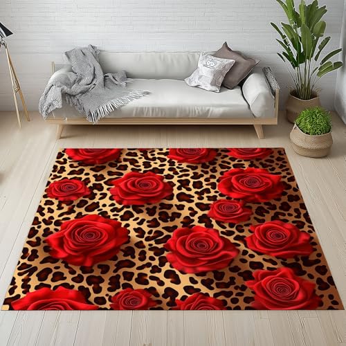Sshjfeu Rote Rose Leopardenmuster Fussmatte Innen Outdoor Teppich, Romantisch Floral Teppiche Kurzflor Waschbar rutschfest 80x150, Modern Groovy Fussmatte Aussen Schmutzfangmatte, Kleiner Teppich von Sshjfeu