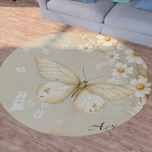 Sshjfeu Schmetterling Blumen Teppich Rund 160cm, Gänseblümchen Teppiche rutschfest Runder Kurzflor Waschbar, Frühling Rural Rund Teppiche Weich, Runder Teppich for Wohnzimmer Schlafzimmer von Sshjfeu