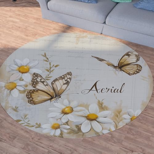 Sshjfeu Schmetterling Teppich Schlafzimmer, Gänseblümchen Frühling Teppich Rund 100cm, Blumen Garten Teppiche Waschbar In Waschmaschine, Kurzflor, rutschfest, Runder Teppiche von Sshjfeu