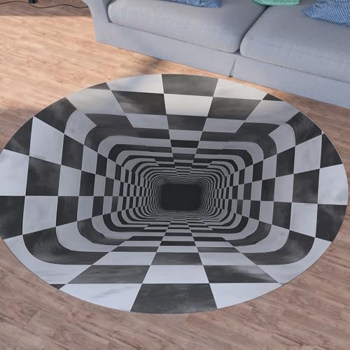Sshjfeu Schwarz Weiß Gitter Teppich Rund 200cm, Geometrie Kariert Teppiche rutschfest Runder Kurzflor Waschbar, Modern Optische Rund Teppiche Weich, Runder Teppich for Wohnzimmer Schlafzimmer von Sshjfeu