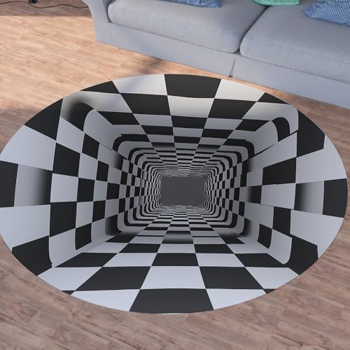 Sshjfeu Schwarz Weiß Gitter Teppich Schlafzimmer, Modern Geometrie Teppich Rund 100cm, Optische Täuschung Teppiche Waschbar In Waschmaschine, Kurzflor, rutschfest, Runder Teppiche von Sshjfeu