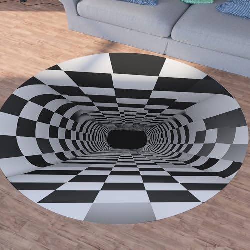 Sshjfeu Schwarz Weiß Kariert Runder Teppiche, Waschbarer Teppich Rund 60cm, Modern Geometrie Teppich Klein, Kurzflor, rutschfest, Optische Täuschung Teppiche Schlafzimmer Wohnzimmer, Kinderzimmer von Sshjfeu