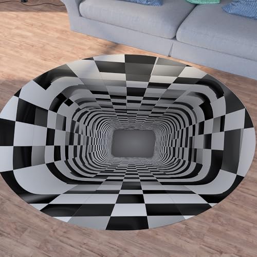 Sshjfeu Schwarz Weiß Kariert Teppich Schlafzimmer, Optische Täuschung Teppich Rund 180cm, Modern Geometrie Teppiche Waschbar In Waschmaschine, Kurzflor, rutschfest, Runder Teppiche von Sshjfeu