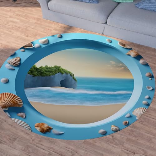 Sshjfeu Strand Muscheln Runder Teppiche, Waschbarer Teppich Rund 80cm, Meer Meer Landschaft Teppich Klein, Kurzflor, rutschfest, Optische Täuschung Teppiche Schlafzimmer Wohnzimmer, Kinderzimmer von Sshjfeu