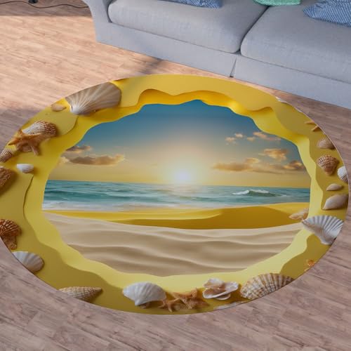 Sshjfeu Strand Seaside Teppich Schlafzimmer, Muscheln Meer Teppich Rund 180cm, Marine Themed Teppiche Waschbar In Waschmaschine, Kurzflor, rutschfest, Runder Teppiche von Sshjfeu