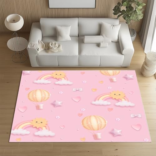 Sshjfeu Süße Kawaii Teppich 100x150 cm, Niedliche Karikatur Teppich Waschbar rutschfest Kurzflor, Regenbogen Heißluftballon Kinderteppich, Teppiche für Schlafzimmer, Wohnzimmer, Kinderzimmer von Sshjfeu