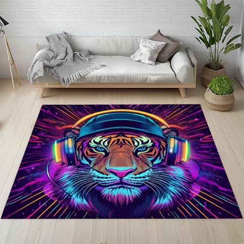Sshjfeu Tiger Groovy Fussmatte Aussen Schmutzfangmatte 80x120, Modern Headset Musik Teppiche, Fussmatte Innen Outdoor, Kleiner Teppich Pop Art, Waschbar Kurzflor rutschfest von Sshjfeu