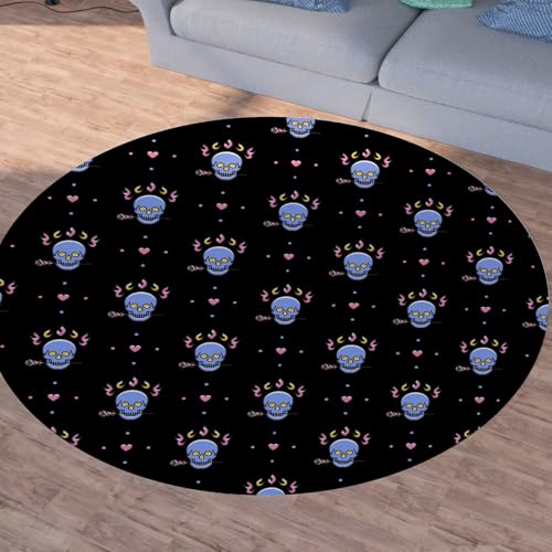Sshjfeu Totenkopf Feuer Teppich Schlafzimmer, Skull Liebe Herz Teppich Rund 100cm, Skelett Tupfen Teppiche Waschbar In Waschmaschine, Kurzflor, rutschfest, Runder Teppiche von Sshjfeu