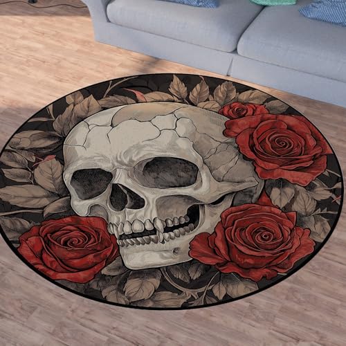 Sshjfeu Totenkopf Floral Runder Teppiche, Waschbarer Teppich Rund 60cm, Skull Rote Rose Teppich Klein, Kurzflor, rutschfest, Blumen Pflanzen Teppiche Schlafzimmer Wohnzimmer, Kinderzimmer von Sshjfeu