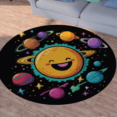 Sshjfeu Universum Galaxie Teppich Schlafzimmer, Planet Sternenhimmel Teppich Rund 100cm, Karikatur Sonne Teppiche Waschbar In Waschmaschine, Kurzflor, rutschfest, Runder Teppiche von Sshjfeu