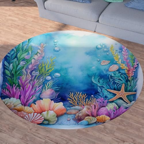 Sshjfeu Unterwasserwelt Teppich Rund 120cm, Meer Meereswelt Teppiche rutschfest Runder Kurzflor Waschbar, Muscheln Seestern Rund Teppiche Weich, Runder Teppich for Wohnzimmer Schlafzimmer Sshjfeu Unterwasserwelt Teppich Rund 120cm, Meer Meereswelt Teppiche rutschfest Runder Kurzflor Waschbar, Muscheln Seestern Rund Teppiche Weich, Runder Teppich for Wohnzimmer Schlafzimmer von Sshjfeu