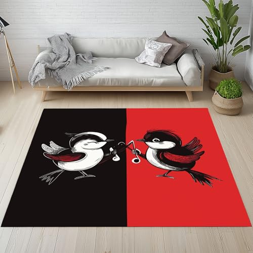 Sshjfeu Vögel Liebhaber Teppich 100x150 cm, Musik Note Teppich Waschbar rutschfest Kurzflor, Schwarz Rote Kinderteppich, Teppiche für Schlafzimmer, Wohnzimmer, Kinderzimmer von Sshjfeu