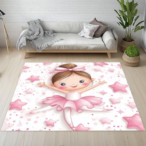 Sshjfeu Waschbarer Teppich Ballerina Mädchen 120x170cm, Ballett Tänzerin Teppiche Bettvorleger Schlafzimmer Wohnzimmer Kinderzimmer, Prinzessinnen-Stil Teppich Waschbar rutschfest Kurzflor von Sshjfeu