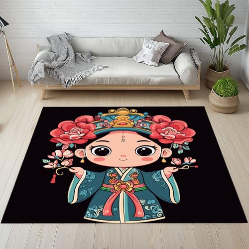 Sshjfeu Waschbarer Teppich Chinesischer Stil 120x170cm, Karikatur Anime Mädchen Teppiche Bettvorleger Schlafzimmer Wohnzimmer Kinderzimmer, Traditioneller Teppich Waschbar rutschfest Kurzflor von Sshjfeu