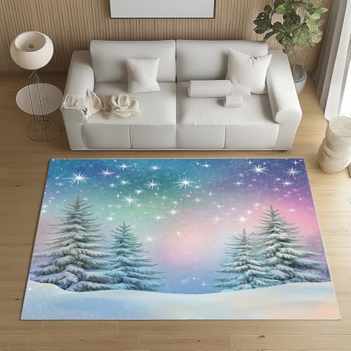 Sshjfeu Waschbarer Teppich Kiefer Schneeflocke 120x170cm, Winterlandschaft Teppiche Bettvorleger Schlafzimmer Wohnzimmer Kinderzimmer, Nordlicht Sternenhimmel Teppich Waschbar rutschfest Kurzflor von Sshjfeu