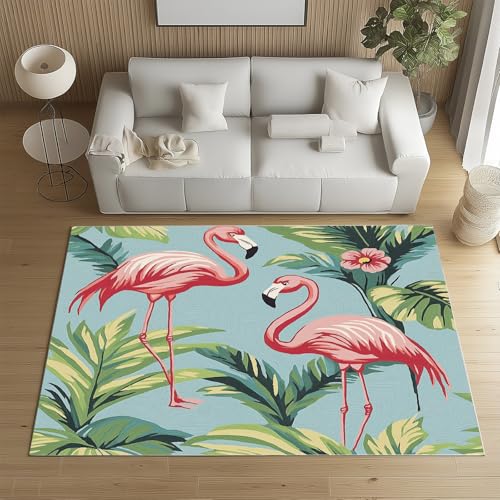 Sshjfeu Waschbarer Teppich Niedliche Flamingo 120x170cm, Tropische Palmblatt Teppiche Bettvorleger Schlafzimmer Wohnzimmer Kinderzimmer, Vögel Tierwelt Teppich Waschbar rutschfest Kurzflor von Sshjfeu