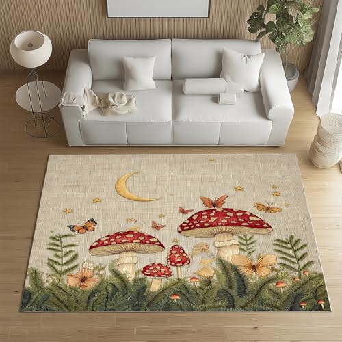 Sshjfeu Waschbarer Teppich Pilz Wildpflanzen 120x170cm, Mond Sterne Teppiche Bettvorleger Schlafzimmer Wohnzimmer Kinderzimmer, Rustikaler Jahrgang Teppich Waschbar rutschfest Kurzflor von Sshjfeu
