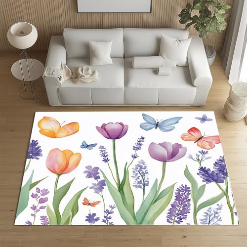 Sshjfeu Waschbarer Teppich Tulpen Lavendel 120x170cm, Blumen Schmetterling Teppiche Bettvorleger Schlafzimmer Wohnzimmer Kinderzimmer, Frühling Floral Teppich Waschbar rutschfest Kurzflor Sshjfeu Waschbarer Teppich Tulpen Lavendel 120x170cm, Blumen Schmetterling Teppiche Bettvorleger Schlafzimmer Wohnzimmer Kinderzimmer, Frühling Floral Teppich Waschbar rutschfest Kurzflor von Sshjfeu