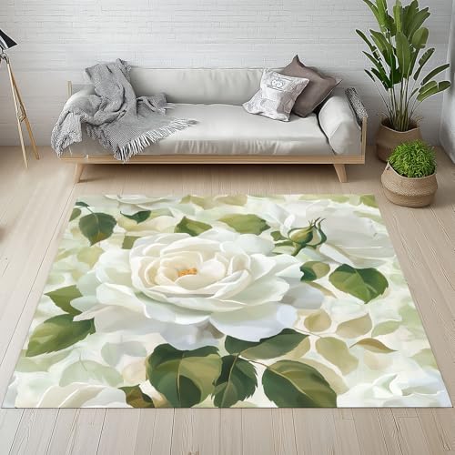 Sshjfeu Waschbarer Teppich Weiß Blumen 120x170cm, Blüten Grüne Blätter Teppiche Bettvorleger Schlafzimmer Wohnzimmer Kinderzimmer, Natur Pflanzen Teppich Waschbar rutschfest Kurzflor Sshjfeu Waschbarer Teppich Weiß Blumen 120x170cm, Blüten Grüne Blätter Teppiche Bettvorleger Schlafzimmer Wohnzimmer Kinderzimmer, Natur Pflanzen Teppich Waschbar rutschfest Kurzflor von Sshjfeu