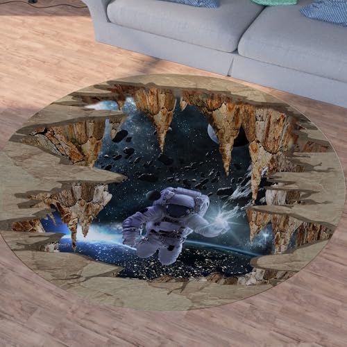 Sshjfeu Weltraum Astronaut Teppich Rund 120cm, Universum Planet Teppiche rutschfest Runder Kurzflor Waschbar, Galaxie Sternenhimmel Rund Teppiche Weich, Runder Teppich for Wohnzimmer Schlafzimmer von Sshjfeu