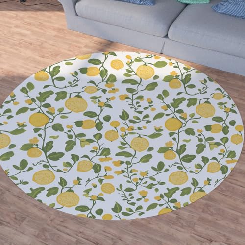 Sshjfeu Zitrone Früchte Teppich Schlafzimmer, Tropisch Obst Teppich Rund 100cm, Grüne Blätter Teppiche Waschbar In Waschmaschine, Kurzflor, rutschfest, Runder Teppiche von Sshjfeu