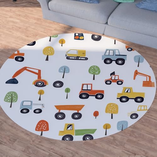 SshjfeuTeppich Karikatur Auto Kurzflor, Waschbarer Teppiche, LKW Bagger Traktor Teppiche Rund 150cm, Bulldozer Bauwagen Teppich Wohnzimmer Weich rutschfest, for Kinderzimmer Schlafzimmer SshjfeuTeppich Karikatur Auto Kurzflor, Waschbarer Teppiche, LKW Bagger Traktor Teppiche Rund 150cm, Bulldozer Bauwagen Teppich Wohnzimmer Weich rutschfest, for Kinderzimmer Schlafzimmer von Sshjfeu