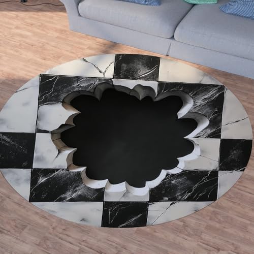 SshjfeuTeppich Optische Täuschung Kurzflor, Waschbarer Teppiche, Schwarz Weiß Gitter Teppiche Rund 150cm, Geometrie Kariert Teppich Wohnzimmer Weich rutschfest, for Kinderzimmer Schlafzimmer von Sshjfeu