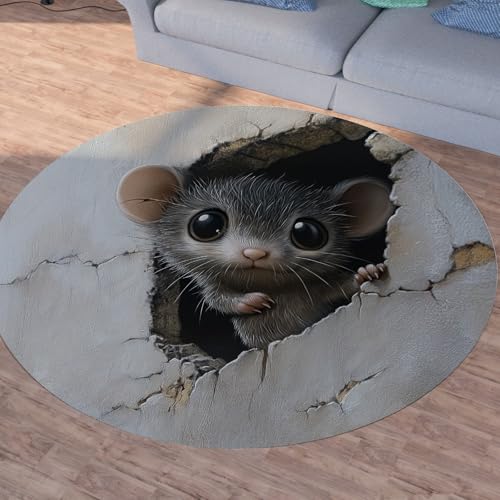 SshjfeuTeppich Süße Mouse Kurzflor, Waschbarer Teppiche, Niedliche Tiere Teppiche Rund 150cm, Steinmauer Risse Teppich Wohnzimmer Weich rutschfest, for Kinderzimmer Schlafzimmer von Sshjfeu