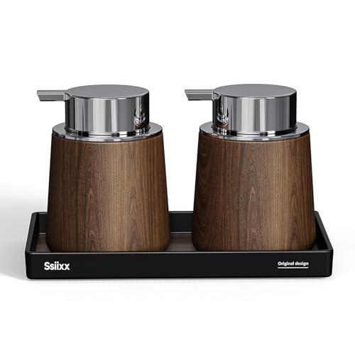 Handseifenspender-Set mit Holzmaserung, 2 Stück mit Tablett, 297 ml, modernes Badezimmer-Seifenspender, Lotionspender für Küche, Kunststoff, silberfarben Handseifenspender-Set mit Holzmaserung, 2 Stück mit Tablett, 297 ml, modernes Badezimmer-Seifenspender, Lotionspender für Küche, Kunststoff, silberfarben von Ssiixx