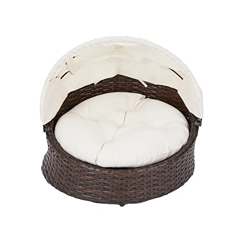 Teamson Pets Clotho Drinnen Draussen Rattan Katzen Oder Hunde Bett Liege mit Einziehbarem Baldachin und Abnehmbarem Waschbarem Kissen Braun/Creme ST-N10004-UK von Staart