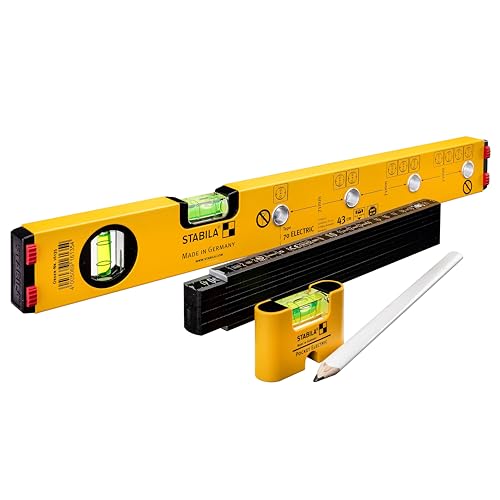 STABILA ELECTRIC KIT - Elektriker Wasserwaage Type 70 Electric /43 cm mit Markierlöchern, Mini-Wasserwaage Pocket Electric /7 cm, Zollstock Type 707 P /2m (PEFC zertifiziert), Bleistift Type ZB von Stabila