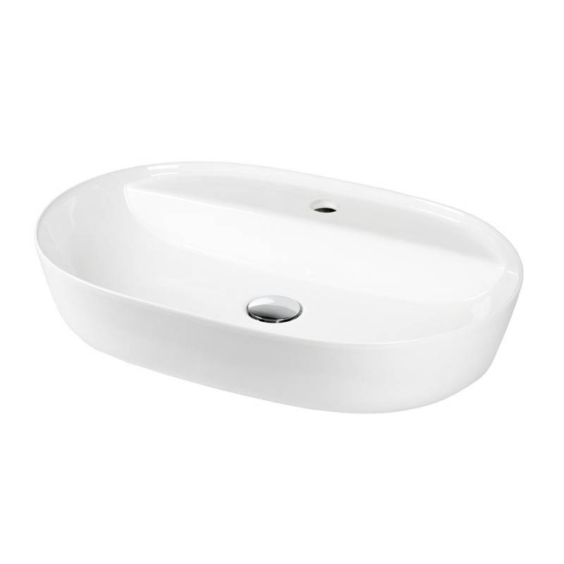 Stabilo Sanitär Waschbecken Keramik Aufsatz Waschbecken Oval Anschlussset weiß mit Ablage (Komplett-Set, 1-St., mit Komplettset inkl. Abflussrohr und Abflussstopfen), Waschbecken ist robust, langlebig und belastbar von Stabilo Sanitär