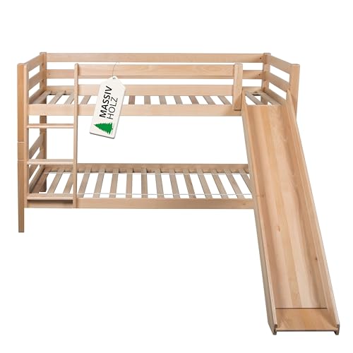 Staboos Massivholz Etagenbett für 2 Kinder 90x200 cm - Hochbett Liam mit Rutsche und Leiter aus Buche - Stockbett mit Lattenrost - umbaubar zu 2 Einzelbetten (Natur lackiert) von Staboos