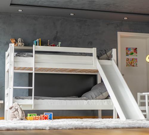 Staboos Massivholz Etagenbett für 2 Kinder 90x200 cm - Hochbett Liam mit Rutsche und Leiter aus Buche - Stockbett mit Lattenrost - umbaubar zu 2 Einzelbetten (Weiß lackiert) von Staboos