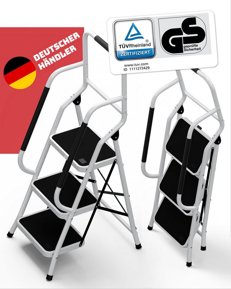 Stackmeister Klapptritt Sicherheitsleiter (TÜV zertifiziert, belastbar 150kg, 3-stufig erhältlich), rutschfeste Trittleiter mit Handlauf, klappbar von Stackmeister