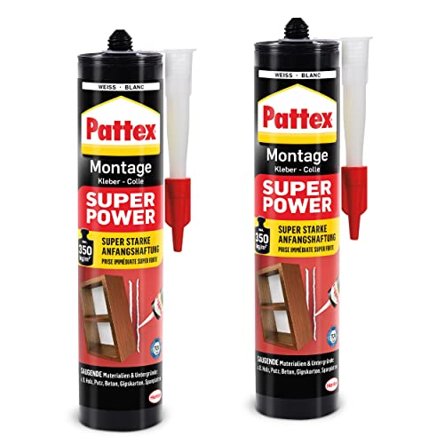 Pattex Montagekleber Super Power, Baukleber mit superstarker Anfangshaftung, Kraftkleber für saugende Materialien, Kleber für innen & außen, Aktionspack mit 2 x 370g, 9H PXS37 von Pattex