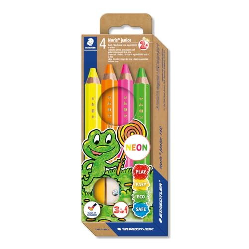 STAEDTLER 3in1 Buntstift Noris junior (Bunt-, Wachsmal- und Aquarellstift, extra bruchsicher, ideal für Kinder, für viele Oberflächen, Kartonetui mit 4 Farben inkl. Spitzer), 140 C4 P1 von STAEDTLER