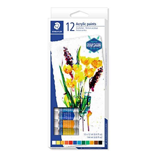 STAEDTLER 8500 C12 Acrylfarben (hoch pigmentiert, weicher Farbabstrich, leicht mischbar, Künstlerqualität) Kartonetui mit 12 brillanten Farben à 12 ml von STAEDTLER