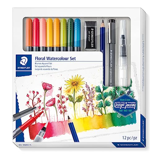 STAEDTLER Blumen Aquarell Set, Komplett-Set ideal für florale aquarellierte Zeichnungen im farbenfrohen Design, mit Step-by-Step-Anleitungen und ausführlichen Beschreibungen, 61 3001-1 von Staedtler