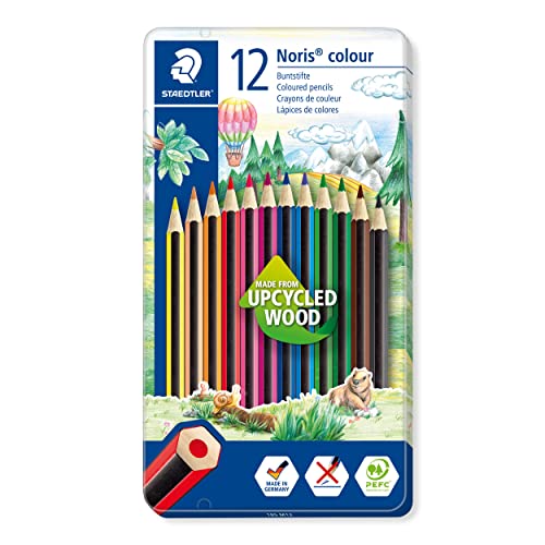 STAEDTLER Buntstifte Noris colour, rutschfeste Soft-Oberfläche, hohe Bruchfestigkeit, Made from Upcycled Wood, intensive Farben, Sechskantformat, 12 Farbstifte im Metalletui, 185 M12 von STAEDTLER