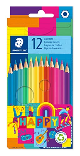 STAEDTLER Buntstifte Noris Happy mit hoch pigmentierten Farben, klassischer Sechskantform und weicher Mine, 12 farbenfrohe Buntstifte im Kartonetui, 146 C12 HA von Staedtler